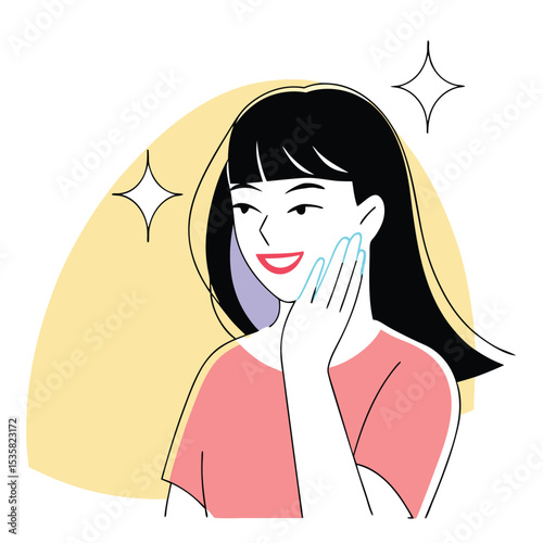 Contented Asian woman with shining black hair softly touches her face and smiles