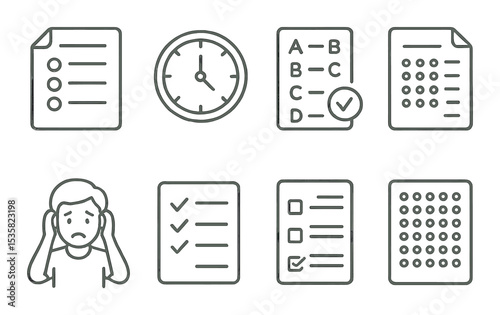 Exams and tests in linear style: test sheet, multiple choice, time clock, answer key, grade letter, scantron form, anxious student, checklist.