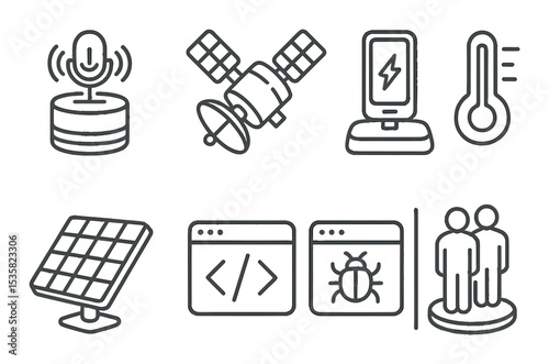 Technology icons linear style: voice assistant, GPS satellite, charging dock, thermal sensor, solar panel, code script, debug console, digital twin.