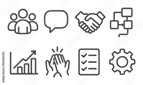 Teamwork symbols in linear style: group icon, chat bubble, handshake, workflow, progress chart, high five, task list, gear.