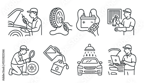 Car maintenance steps: check oil, inflate tires, test battery, clean filters, inspect brakes, refill fluids, wash car, diagnose. Linear style, isolated, no text