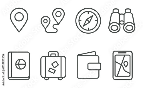 Travel icons linear style: map pin, GPS route, compass needle, binoculars, travel log, suitcase sticker, travel wallet, digital map.