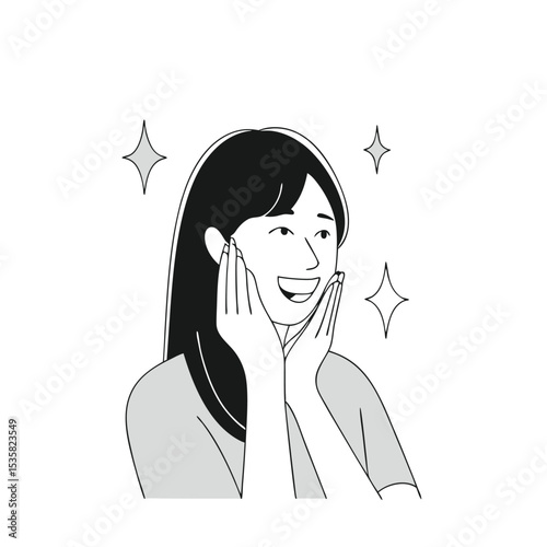 A radiant young Asian woman gazes up with sparkling joy and hands on her face