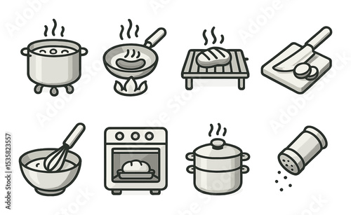 Cooking process linear icons: boiling, frying, grilling, chopping, mixing, baking, steaming, seasoning.