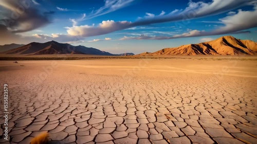 Dry cracked land in a desert setting with mountain ranges in the distance under blue sky with scattered clouds and the sun shining