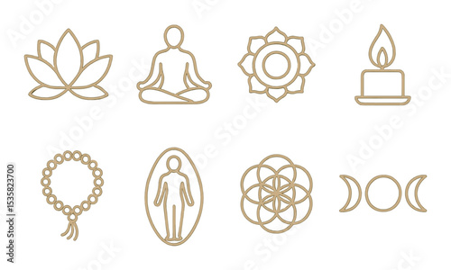 Spiritual symbols, linear style: lotus flower, meditation pose, chakra icon, candle flame, prayer beads, aura field, sacred geometry, moon phase.