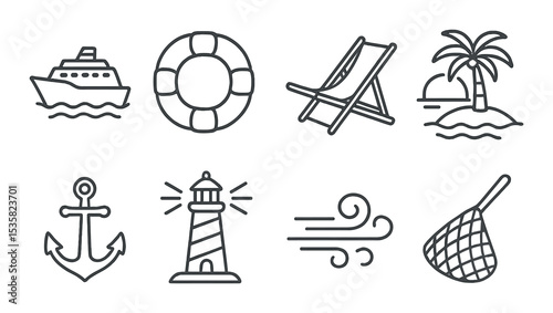 Travel icons linear style: cruise ship, lifebuoy, deck chair, island view, anchor, lighthouse, sea breeze, fish net.