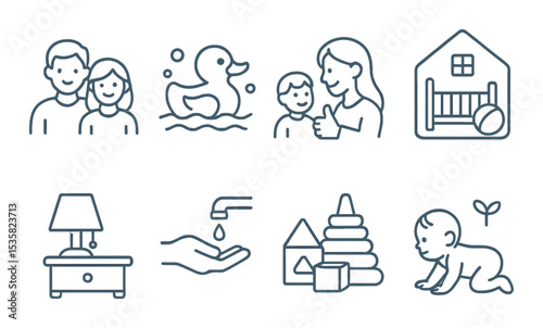 Family & parenting in linear style: family bonding, bath toy, positive parenting icon, child’s room, bedtime lamp, good habits, early learning tools, baby growth.