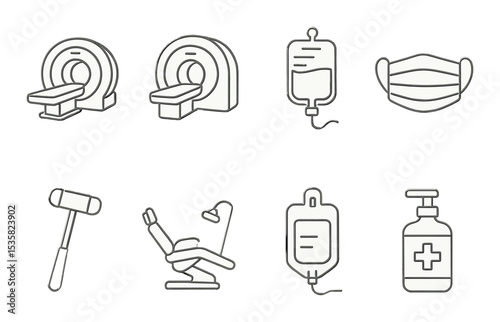 Medical icons linear style: CT scanner, MRI machine, IV bag, surgical mask, reflex hammer, dental chair, blood bag, antiseptic.
