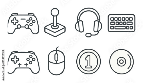 Gaming items linear icons: controller, joystick, headset, keyboard, gamepad, mouse, coin, game disk.