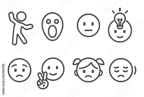 Emotion icons linear style: dancing, silent scream, poker face, bright idea face, confused blink, peace face, upset child, head shake.