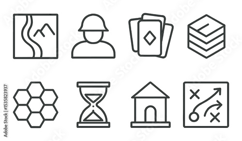 Strategy games: map tile, troop icon, card deck, resource icon, hexagon grid, hourglass, building icon, tactic arrows. Linear style, isolated, no text