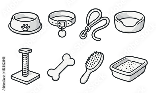 Pets accessories linear icons: food bowl, collar, leash, pet bed, scratching post, toy bone, grooming brush, litter box.