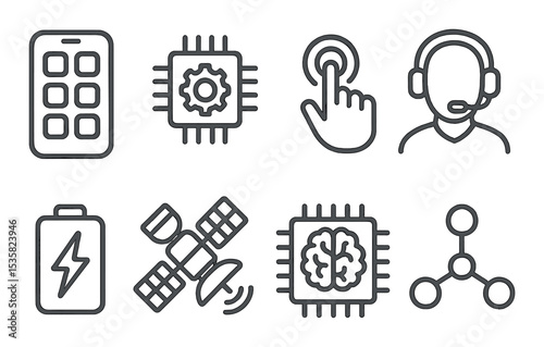 Technology icons linear style: smartphone app grid, settings chip, touchscreen swipe, tech support headset, charging icon, satellite, AI brain chip, network icon.