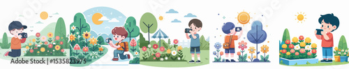 boy character vector photographing flower garden