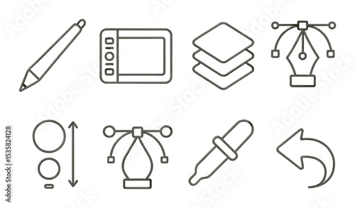 Digital art tools in linear style: stylus, drawing tablet, layers icon, pen tool, brush size, vector point, color picker, undo arrow.