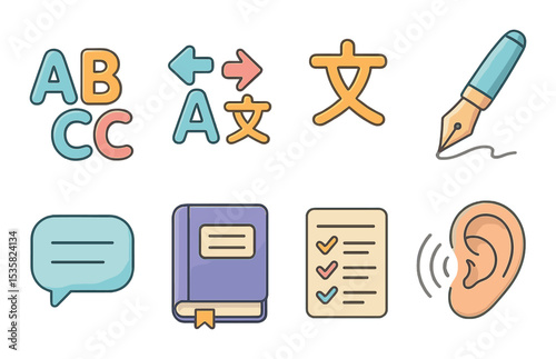 Languages & writing in linear style: ABC letters, translation arrows, foreign characters, writing pen, speech bubble, grammar book, vocabulary list, listening ear.