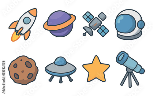 Space elements in modern flat vector : rocket, planet, satellite, space helmet, asteroid, UFO, star, telescope.