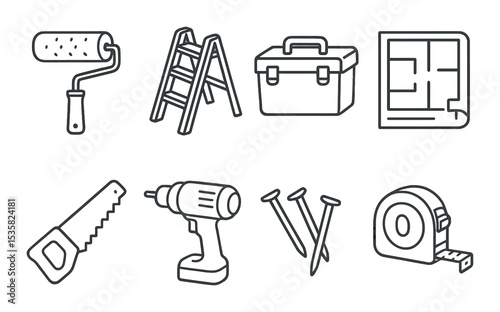 Home renovation, linear style: paint roller, ladder, toolbox, blueprint, saw, drill, nails, measuring tape.