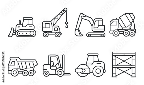 Construction vehicles in linear style: bulldozer, crane, excavator, cement mixer, dump truck, forklift, road roller, scaffold.