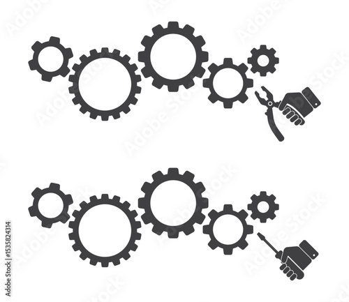 pliers and screwdriver tool with cog gear mechanism icon set