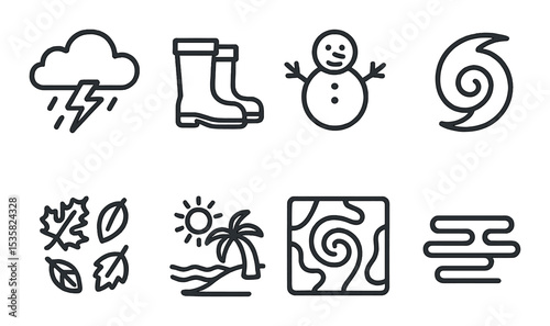 Weather & climate in linear style: thundercloud, rain boots, snowman icon, hurricane symbol, falling leaves, sunny beach icon, weather map, misty air.