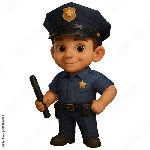 Cute Child Police Officer in Uniform Holding Baton