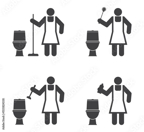 person cleaning woman in toilen icon set
