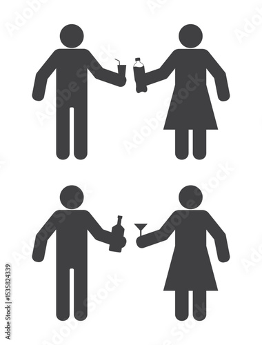man and woman with glass anf wine bottle icon set