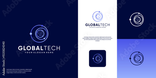 global technology logo, orbit line, modern network system, vector graphic design.