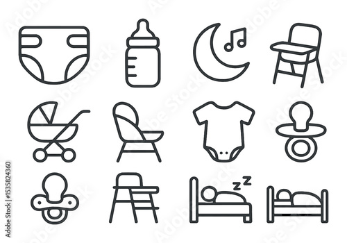 Parenting tasks in linear style: diaper, bottle, stroller, lullaby, pacifier, feeding chair, onesie, bedtime.