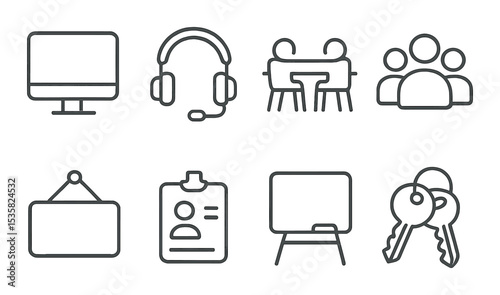 Office icons linear style: desktop screen, headset, co-working desk, team icon, office sign, work ID card, whiteboard, office keys.