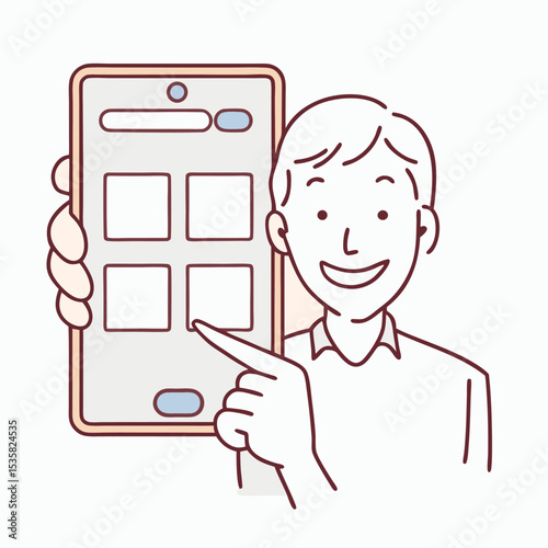 Smiling man presents a smartphone, pointing toward squares displayed on the screen with focused attention