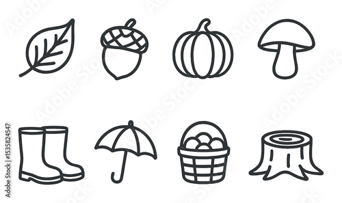 Autumn elements linear icons: falling leaf, acorn, pumpkin, mushroom, boots, umbrella, harvest basket, tree stump.