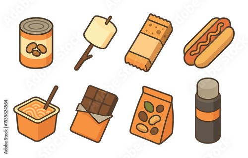 Camping food in modern flat vector : canned beans, marshmallow, granola bar, hotdog, instant noodles, chocolate, trail mix, thermos.