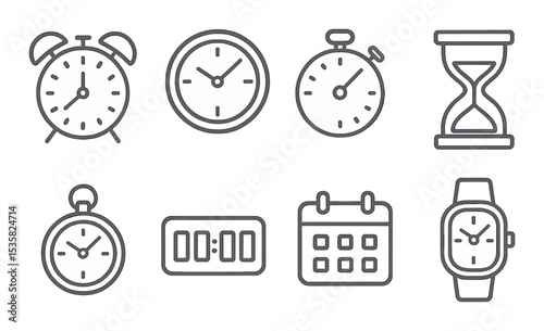 Time and clocks linear icons: alarm clock, wall clock, stopwatch, hourglass, pocket watch, digital timer, calendar, wristwatch.