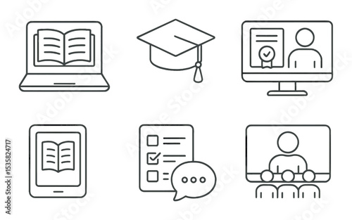 E-learning, linear style: online course, graduation cap, digital certificate, video lecture, e-book, quiz icon, discussion forum, virtual class.