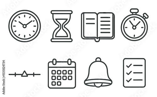Time tracking in linear style: clock, hourglass, planner, stopwatch, timeline, calendar, bell, task list.