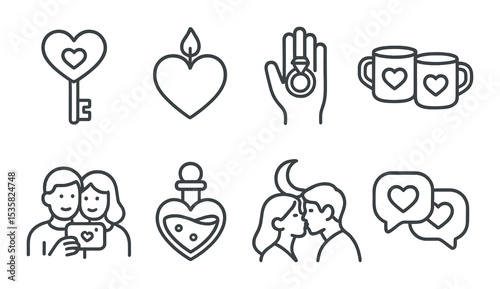 linear style icons of love: heart key, heart-shaped candle, ring on finger, sweet couple mug set, couple selfie, love potion, moonlit kiss, chat with hearts.