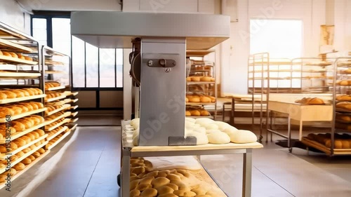 Industrial bakery interior with proofing equipment, bread dough, and racks of baking loaves for commercial food production