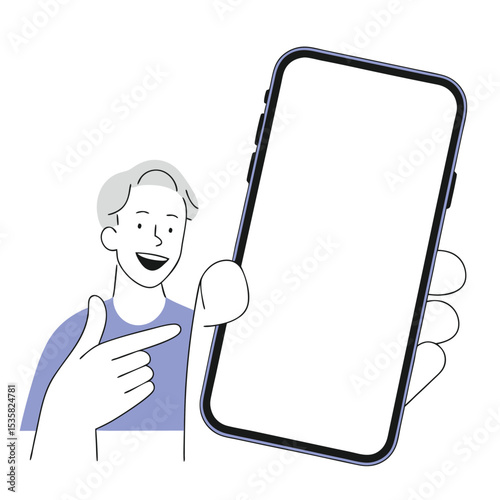 Smiling man points at a large smartphone showcasing an empty white screen for content