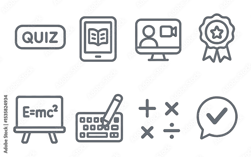 Education and e-learning, linear style: quiz button, reading tablet, zoom call icon, award ribbon, chalkboard equations, keyboard and pencil, math symbols, feedback icon. Education and e-learning, linear style: quiz button, reading tablet, zoom call icon, award ribbon, chalkboard equations, keyboard and pencil, math symbols, feedback icon.