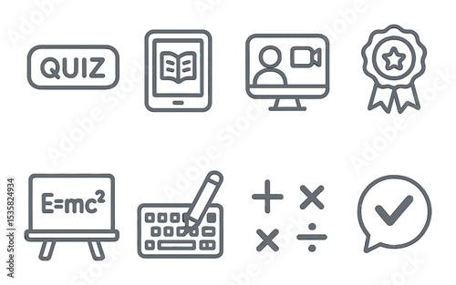 Education and e-learning, linear style: quiz button, reading tablet, zoom call icon, award ribbon, chalkboard equations, keyboard and pencil, math symbols, feedback icon.