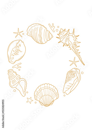 Round frame of sea shells on white background. Vector template.