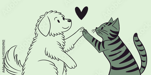 Adorable dog and cat giving a high five with a black heart above symbolizing love and friendship