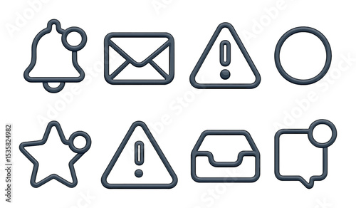 Notification symbols in linear style: bell, envelope, alert triangle, badge dot, reminder star, warning sign, inbox, popup.