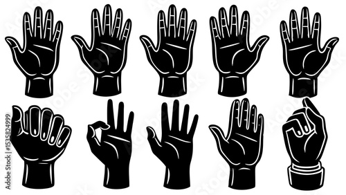 Black and white hand gestures illustration depicting various human hand poses and sign language on a white background