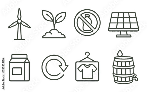 Eco-living, linear style: windmill, seedling, plastic-free icon, solar battery, minimal packaging, compost symbol, thrift store sign, rainwater barrel.
