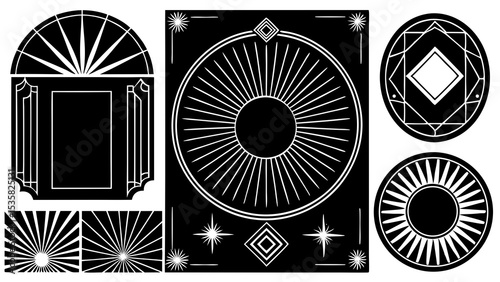 Elegant art deco design elements featuring sunbursts geometric shapes and starburst motifs in a classic black and white style