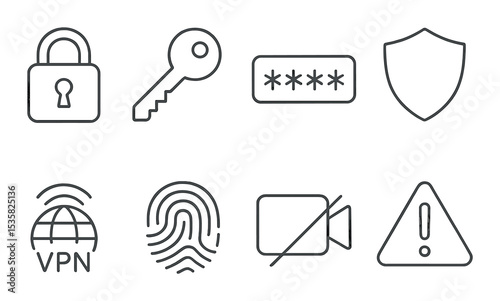 Online safety in linear style: lock, key, password, shield, VPN, fingerprint, camera off, alert symbol.